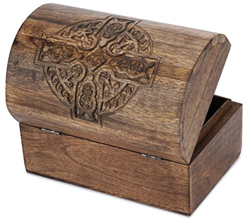 Ajuny Handgeschnitzte Holz-Schmuckschatulle mit Kreuz-Design Dekorative Aufbewahrungsbox- & Schatztruhe Mehrzweck Organizer Erinnerungsbox für Ringe Ketten Armbänder & Uhren Geschenkidee 9 x 6 Zoll