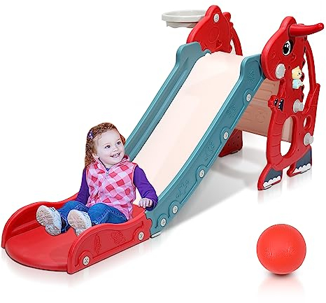 Jopassy Rutsche,Kinderrutsche- 4-in-1 Spielturm mit Rutsche Basketball-Rahmen und Englisch Early Learning Machine,rutsche für Kinder ab 2 Jahren- In- und Outdoor-Fun-Slide（Rot）