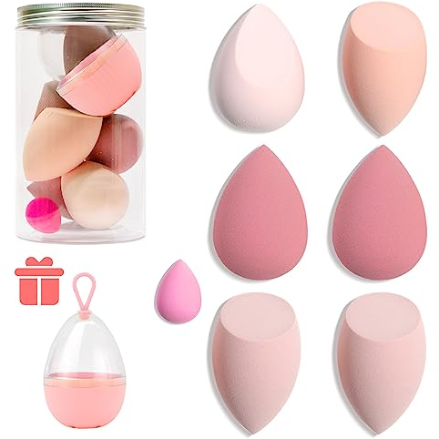 7 Pcs Makeup Blender Sponge Set - Soft Beauty Sponge Blender with a Bottle and Egg Case Holer for Blending Foundation, Cream and Powder (Pink+Hard Case-Can Packing)
