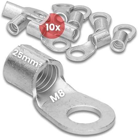 Kalitec 10x Quetschkabelschuh 25mm² M8 - Ringkabelschuh Unisoliert DIN | 10er Set Quetschverbinder aus Elektrolyt-Kupfer, für fein- und feinstdrähtige Leiter, Dornpressung, blanke Kabelverbinder