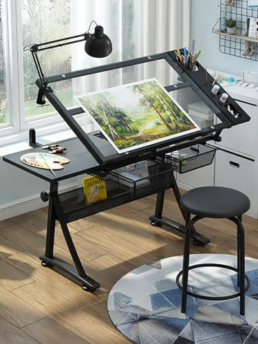 TemkIN Kunst & Handwerk Schreibtisch mit Hocker Zeichentisch, Höhe (25,6-35,4) verstellbar, 0°-50° kippbare Glasplatte, Künstler-Arbeitsplatz für Home Office Schule Arbeitszimmer