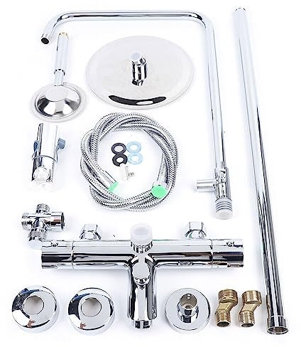LANNADD Système de douche thermostatique, mitigeur de douche, douche à effet pluie, panneau de douche, douche ronde avec mitigeur, colonne de douche, douchette en acier inoxydable, argent