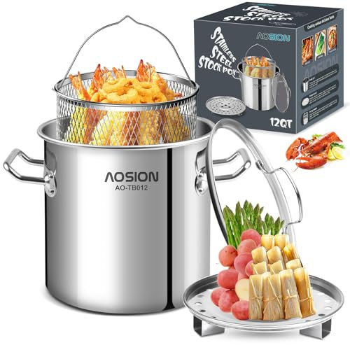 Aosslon - Pentola per pasta in acciaio inox da 12 litri con coperchio, grande pentola a vapore Tamale con friggitrice e griglia a vapore, pentola a induzione resistente per frutti di mare, pasta,