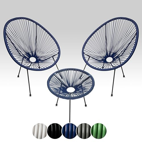 sunnypillow 2er Set Acapulco Gartenstühle mit Tisch - Loungesessel für Wohnzimmer, Terrasse, Garten, Balkon Sessel Stuhl - Korbsessel Gartensessel im Retro Design - Outdoor/Indoor - Blau