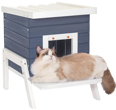 Petsfit Katzenhaus Outdoor Winterfest Holz mit 13,5cm erhöhter Boden, Katzenhaus für Draussen, Katzenhaus Outdoor mit Fütterungsstelle, kleine Räume für Gute Isolierung Winter, Blau