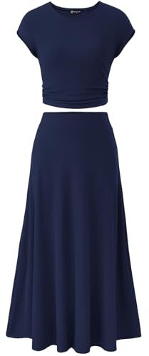 Dixacyer Tenues d'été décontractées 2 pièces pour femme, ensemble habillé en tricot à manches courtes, haut court taille haute, jupe midi, noir foncé, XL