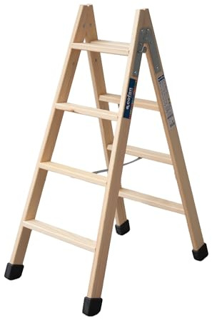 Cofan Escalera Doble de Madera | con 4 + 4 Peldaños - 1 m Altura - Cintas Especiales Antiapertura | Segura y Resistente | Cumple Normativa EU EN 131