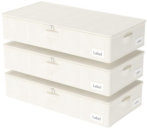 Yawinhe Vikbar förvaringskorg för undersäng med lock, förvaringsväska under sängbord med hållbar dragkedja och handtag, för kläder, skor, 3-pack, 80 x 40 x 15 cm, beige