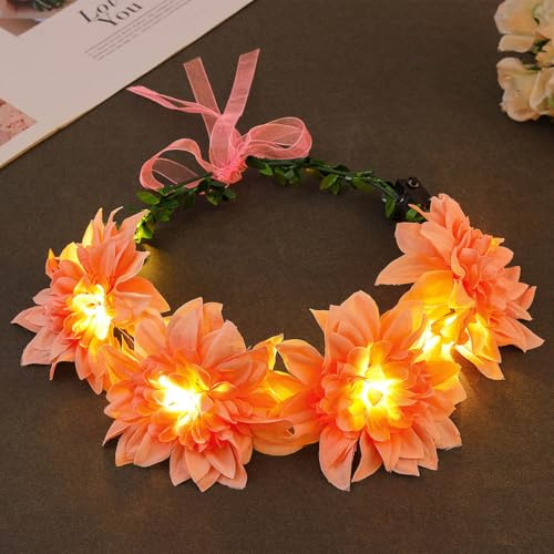 Zoestar Leuchtende Blumenkronen-Stirnbänder LED-Haarkranz-Stirnband Braut-Blumengirlande Kopfschmuck Festival-Party-Haar-Accessoires für Frauen (Rosa, Standardgröße)