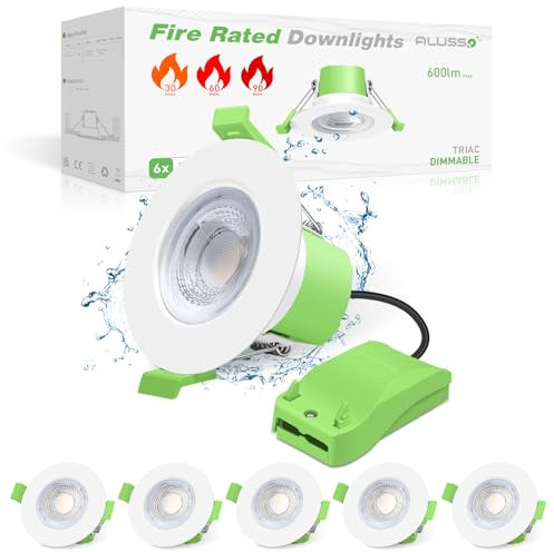 ALUSSO Fire Rated LED Downlights 6W 600lm, 3CCT Colors Selectable 3000K/4000K/6500K Warm Cool White Daylight Recessed Ceiling Lights Dimmable, Spotlights IP65 Waterproof for Bathroom, White 6 Pack