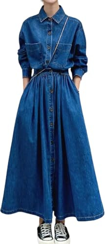 Goolecrimp Abito Casual da Donna con Bottoni Primavera Autunno Abito in Denim Elastico in Vita con Bottoni Orlo Lungo in Camicia di Jeans Abito da Festa Mini Abiti Lunghi (Blu,L)