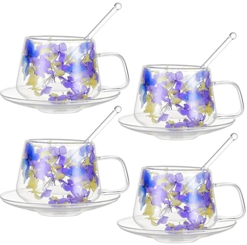 RXMORI Tazza da caffè in Vetro a Doppia Parete con Piattino Set di 4, Tazze Estetiche con Fiori Secchi con Manici, Cucchiai, Tazzine da caffè per Cappuccino caffè tè Latte