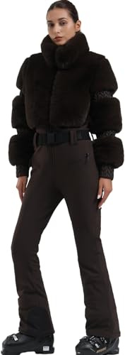 GSOU SNOW Women Ski Suit One Piece Snowsuit Snowboard Faux Fur Collar Slim Jumpsuit Jacket Insulated Windproof Outdoor Winter Brown L