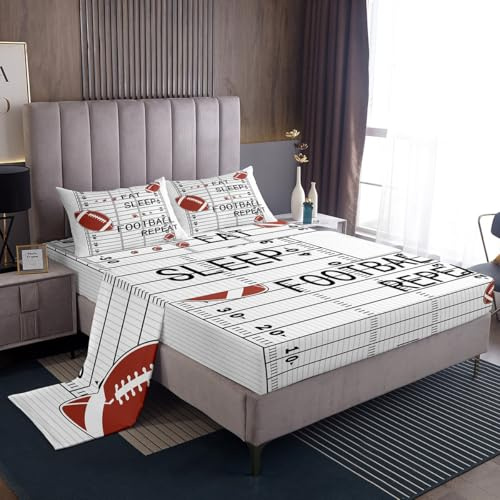 jejeloiu Kids Football Sheet Set Queen Size Rugby Court Sheets with Deep Pocket Fitted Sheet Boys Girls Eat Sleep Football Ball Pattern Bed Sheets Set Gaming Sports Theme White Bedding Set