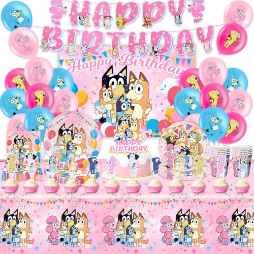 Partygeschirr Geburtstagsdeko,84 Stück Rosa Dog Birthday Decorations,Rosa Geburtstag Party Deko Geschirr Kit Pappteller,Banner,Servietten,Pappbecher,Tischdecken,Luftballons,Toppers,Hintergrundtuch