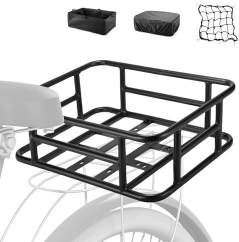 Rear Bike Basket with Cargo Net and Liner Waterproof Cover Large Capacity Steel Bicycle Basket for Electric Bike, Ebike