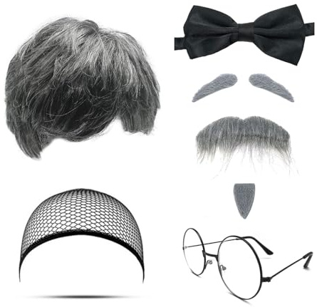 MIVAIUN 8 Stück Opa Kostüm Set Graue Perücke Herren Schnurrbart zum Ankleben Augenbrauen Perückenkappe Brille Fliege Alter Mann Herren Perücke Bart Kostüm für Halloween Weihnachten Cosplay Party（Grau）