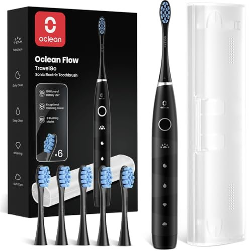 Oclean spazzolino elettrico sonico Flow Gift Set, Ricarica ogni 180 giorni, 5 Modalità, Impermeabile IPX7, Timer da 2 minuti, 6 Testine DuPont™, Custodia da viaggio, Nero
