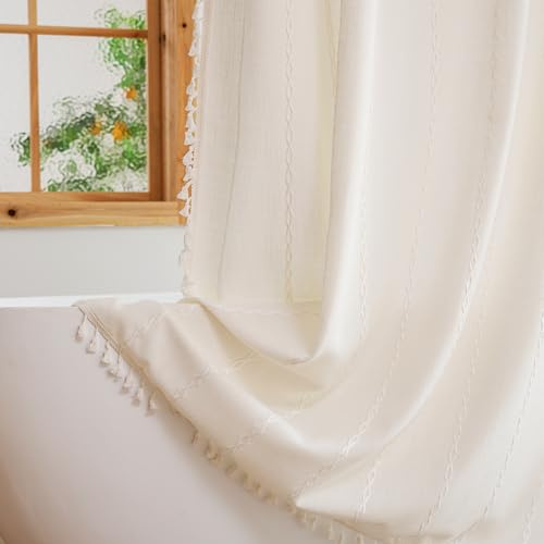 Plenmor Shower Curtain for Bathroom Heavy Weight Fabric Cotton Shower Curtain with Hooks Waterproof Stripe Bathtub Boho Curtain (White, W 70.9 x L 70.9 (1 Panels))