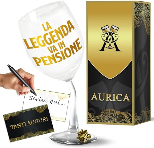 Aurìca Calice Vino Personalizzato LA LEGGENDA VA IN PENSIONE - Bicchiere Piegato in Cristallino da 440 ml per Celebrare il Nuovo Capitolo! Un Regalo per Festeggiare La Pensione con Stile!
