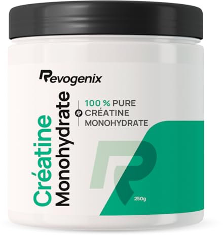 Créatine Monohydrate Pure | 83 Portions | Prise de Masse, Force, Explosivité, Résistance Musculaire et Récupération | Pre Workout Musculation | 100% Vegan | 250g | Revogenix