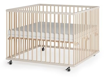 Sämann Laufstall Baby 100x100 cm mit Matratze SleepPlus und Schlupfsprossen | TÜV geprüft | stufenlos höhenverstellbar | Laufgitter Premium | Babybett aus Holz | Krabbelgitter sahara dust/natur