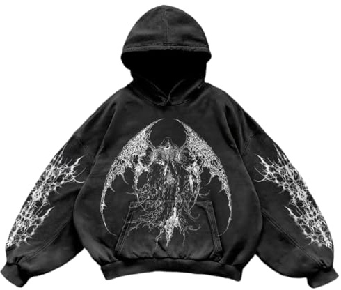 Suncadmious Felpa con cappuccio casual da uomo e da Donna con stampa vintage con teschio Y2K stile college stile gotico a maniche lunghe ampia e oversize stile retrò da strada per coppie (Nero 1,XXL)