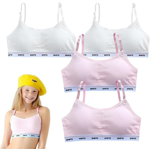 JYCY 4 Pack Kids Bra Girls Sports Bras First Bra Girls Tops Age 8-14Teen Cotton Puberty with Removable Padded Cups and Adjustable Underwear (UK, Age, One Size, Regular, Type-2)