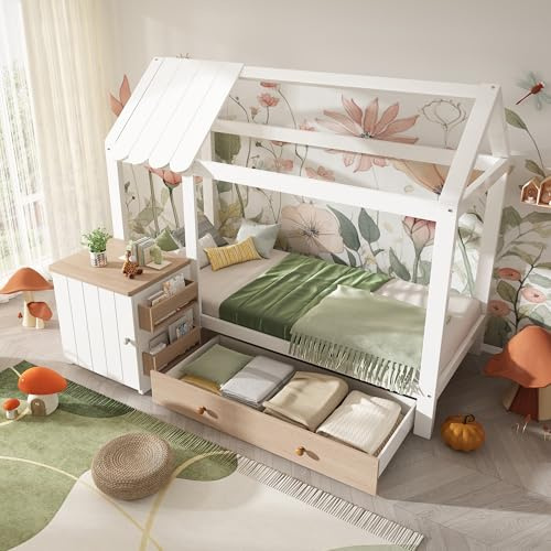 RIAZOS Kinderbett 90x200 cm, Hausbett mit Schubladen und Nachttisch, Bodenbett aus Massivholz mit Lattenrost, ohne Matratze, Weiß+Eiche