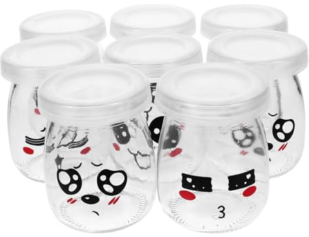 IMIKEYA Lot de 8 Bouteilles à Dessert en Verre Bouchons en Plastique, Faciles à Ouvrir, Design Cartoon Adorable, pour Yaourt et Gelée à L'école Couleur Aléatoire Plusieurs styles