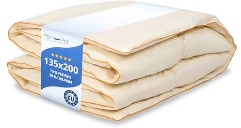 pen pol Daunendecke Ganzjahresdecke 135 x 200 cm 1200g – Leichte Bettdecke mit 70% Federn 30% Daunen – Baumwolle Bezug – Naturfüllung – Handgefertigt in Europa – Allergikerfreundlich - Ecru