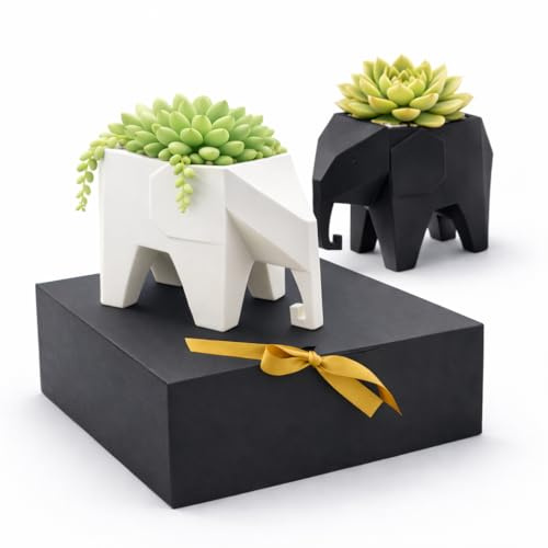 Generisch Elefanten Blumentöpfe Set (2er Pack Schwarz & Weiß) - Geschenkverpackung inklusive - Moderne Deko für Sukkulenten & Bonsai, Geschenkidee Wohnzimmer & Büro