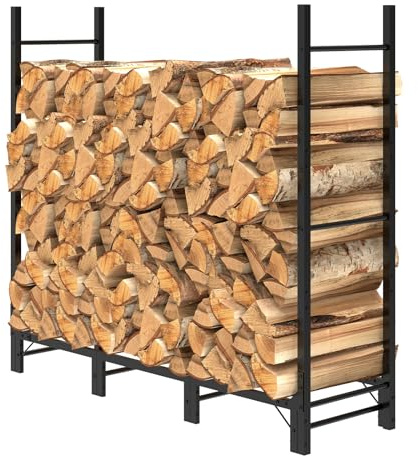 Helios&Hestia 1.24m Outdoor Firewood Rack for Fireplace, Heavy Duty Steel Log Holder, Indoor Wood Pile Storage Organizer, Adjustable Stacker Stand, 124×35×115 cm, Black