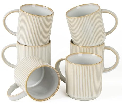 Richmount Star Kaffeetassen 6er Set, 355 ml (12 oz) Tassen, Cappuccino Weiß | Becher mit Henkel für Kaffee, Tee, Kakao, Milch - Keramik-Steingut Trinkset, spülmaschinen- & mikrowellengeeignet