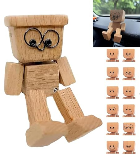 Generisch Schüttelmann Holz, Holzfigur Wackelbeine, Shaking Motion Schreibtisch-Ornament, Lustig Wackelfigur Holz mit 12 Magnetischen Austauschbare Ausdrücken für Auto Armaturenbrett Dekoration (A)