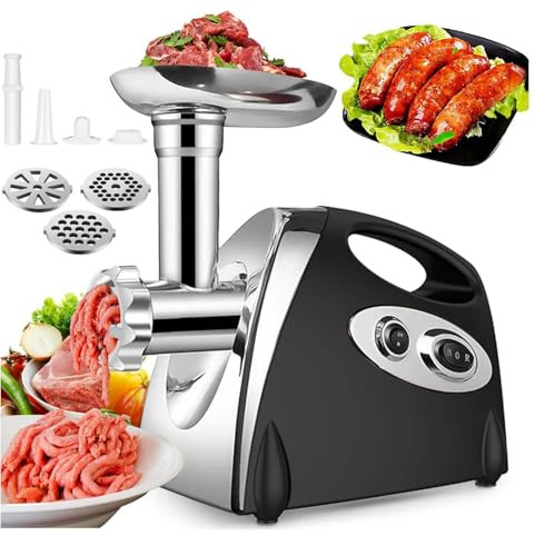 3 in 1 Elektrischer Fleischwolf, professionell, mit 3 Schleifplatten aus Edelstahl, Kubbe und 2 Röhren, Wurstfüllung, 2800 W, Mixer für Wurst, Überhitzungsschutz (schwarz)