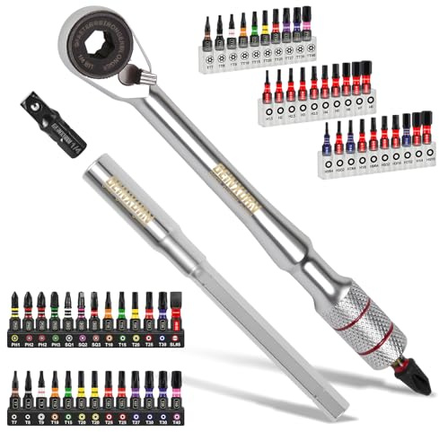 GEINXURN 60Pcs Screwdriver Set with Ratchet Wrench, Extension Bar,1/4 Socket Adapter, and 1”Impact Magnetic (Phillips/Torx/Hex) Screwdriver Bit Stored in Coded Base for Electronics, Automotive DIY