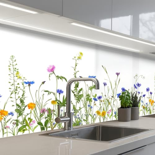 KitchenYeah© Spritzschutz Küchenrückwand Küche Abwaschbar Selbstklebend | 60x200 cm - Küchenwand Küchenfront Küchen Rückenwand Wandschutz Blumen - Feldblumen - Frühling