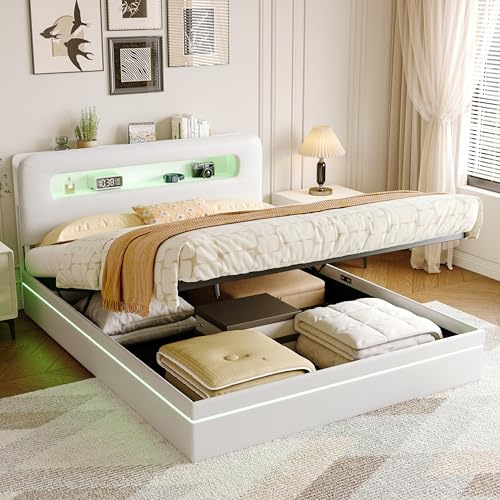 Gepolstertes Doppelbett mit Stauraum, 140 x 200 cm, gepolstertes Bett mit LED-Lichtern, Truhe mit Lattenrost, für Erwachsene, Jugendliche, Samt, ohne Matratze (Beige A, 140 x 200 cm)