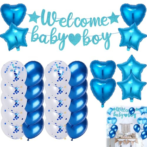 Baby Boy Welcome Home Dekorationen Set - Blau Ballon Girlande Kit mit Banner, Herz und Stern Folienballons, Konfetti Ballons und Band für Jungen Party und Taufe