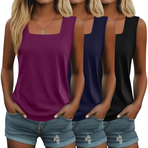 Suilung 3 Pack Women's Tank Tops Summer Casual Sleeveless Shirts Square Neck Loose Fit Tank Top