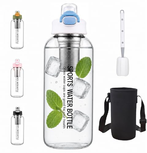 Trinkflasche Glas 1,5 L, Wiederverwendbar Glasflasche Glas mit Teesieb Transparent Borosilicate GlasWasserflasche, Auslaufsichere Sportflasche für Fitness,Wandern,Camping spülmaschinenfest (Weiß)