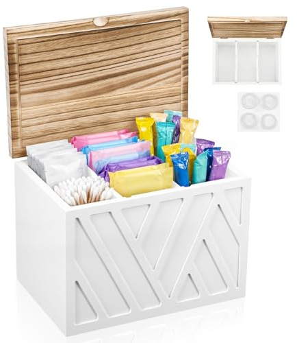 Eyoulife Tampon Holder for Bathroom 15.8 × 22 × 14.5cm, White | Feminine Product Organiser Box with Grooved Lid, Period Box with 3 compartments, for Toilet Countertop & Bathroom Decor