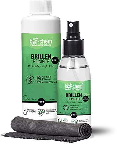 bio-chem Brillenreiniger Spray ohne Alkohol 100ml + 250ml Nachfüllflasche | Anti-Beschlag Brillenspray mit Mikrofasertuch | Reinigungsspray für Brillen, Display | Brillenputzmittel Made in Germany