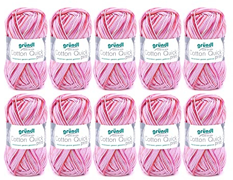 Gründl Wolle Cotton Quick print Strickgarn 10 Knäuel 50 g, Rosa-Fuchsia | dünne Wolle zum Häkeln mit Farbverlauf - Strickgarn - Glänzend und hautfreundlich - 100 % Baumwolle - 50 g / 125 m