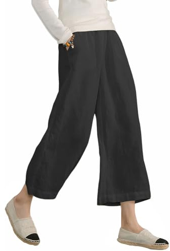 ECUPPER Women's Plus Size Elastic Waist Cotton Capri Pants Relaxed Loose Casual Cropped Trousers Black 5XL