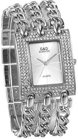 JewelryWe Montre Femme Hip Hop Cadran Carré Full Diamond à Diamants Et Bracelet Chaîne (Argenté)