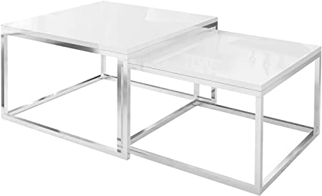 lukmebel Yoshi Couchtisch 2er Set – Moderner Wohnzimmertisch mit Chromrahmen & Weiß Hochglanz Oberfläche – 2-in-1 Sofatisch, Beistelltisch & Kaffeetisch für Wohnzimmer (Chrom/Weiß Hochglanz)