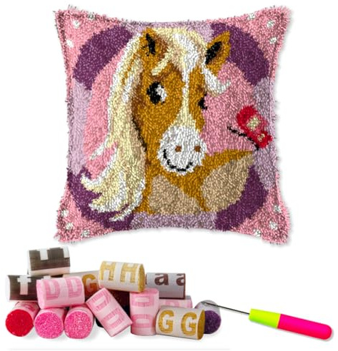 DL-YTG Latch Hook Kits Pillow Horse Crochet Yarn Cushion Colour Pre-Printed Canvas Rug Needlework DIY Pillowcase Hook and Latch Kit Arts Crafts Christmas Home Sofa Decoration 42x42cm/16X16inch