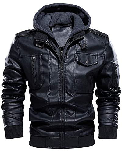 CARWORNIC Giacca bomber da uomo in pelle sintetica con cappuccio rimovibile, Nero , XXL